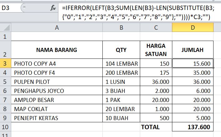mengambil angka mengandung huruf di Excel dengan left