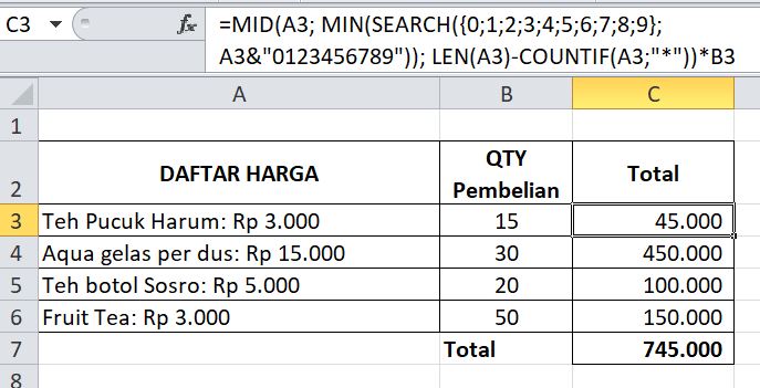 mengambil angka mengandung huruf di Excel dengan mid