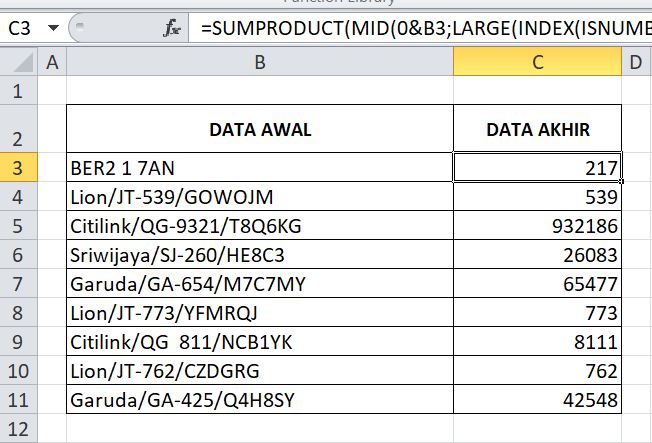 mengambil angka mengandung huruf di Excel dengan sumproduct
