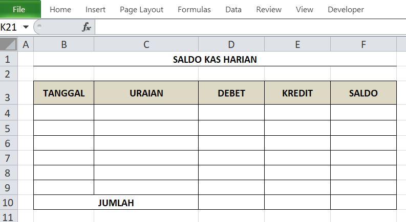 tabel untuk membuat buku kas harian di Excel