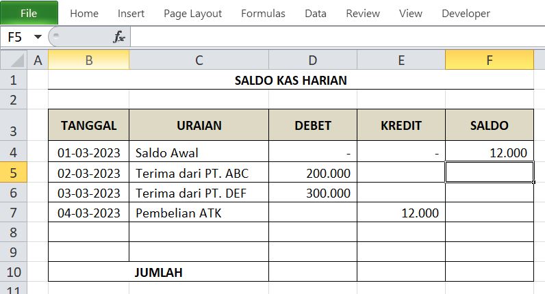 rumus membuat buku kas harian