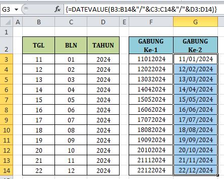 hasil akhir menggabungkan data tanggal bulan dan tahun