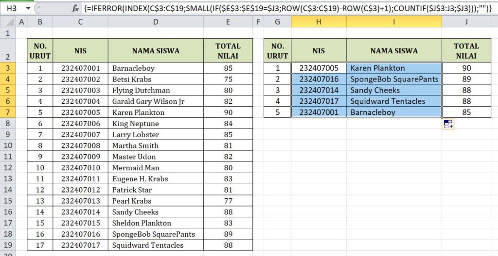 Mengambil nama siswa dengan nilai tertinggi 