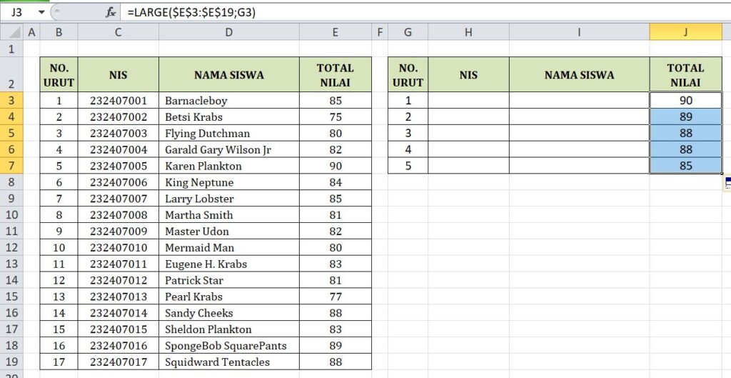 Mengambil nilai tertinggi di excel