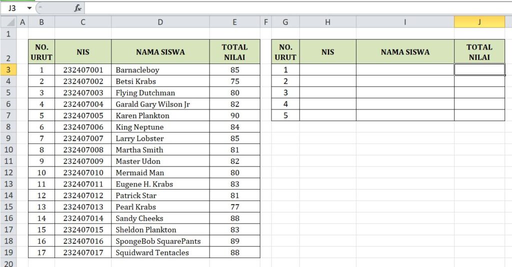 Tabel untuk Mengambil nama siswa dengan nilai tertinggi 