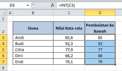 fungsi int untuk pembulatan ke bawah