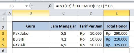 cara menghitung honor guru dengan rumus int