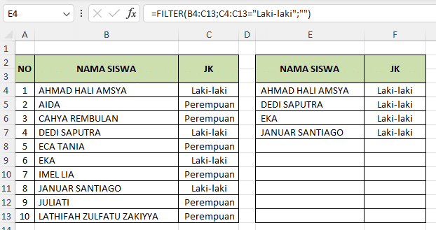 contoh 2 penggunaan fungsi FILTER di Excel