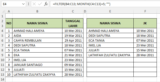 contoh 3 penggunaan fungsi FILTER di Excel