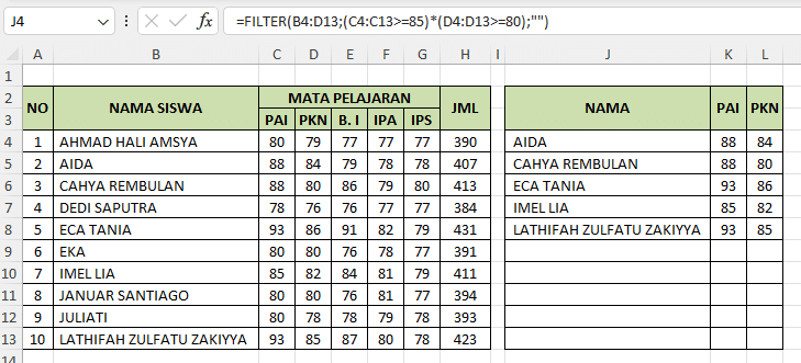 contoh 4 penggunaan fungsi FILTER di Excel