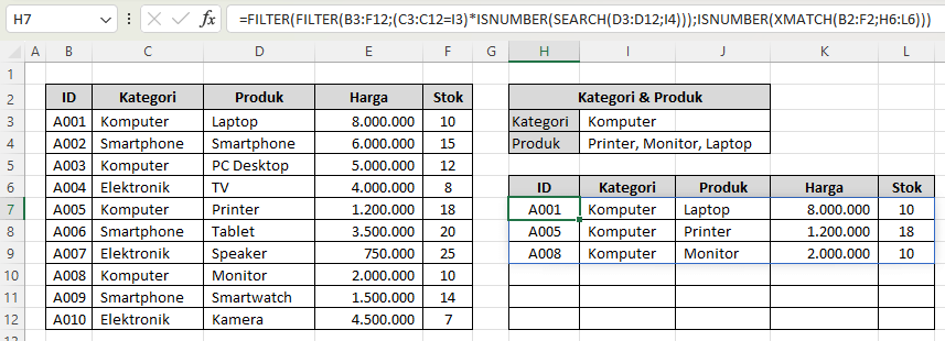 Hasil Rumus FILTER Excel dengan Kriteria Dipisahkan Koma