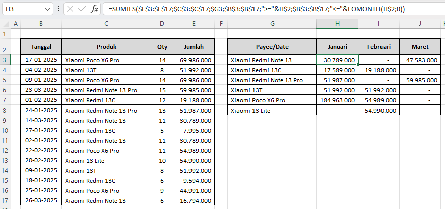 rekap penjualan bulanan otomatis di Excel dengan SUMIFS