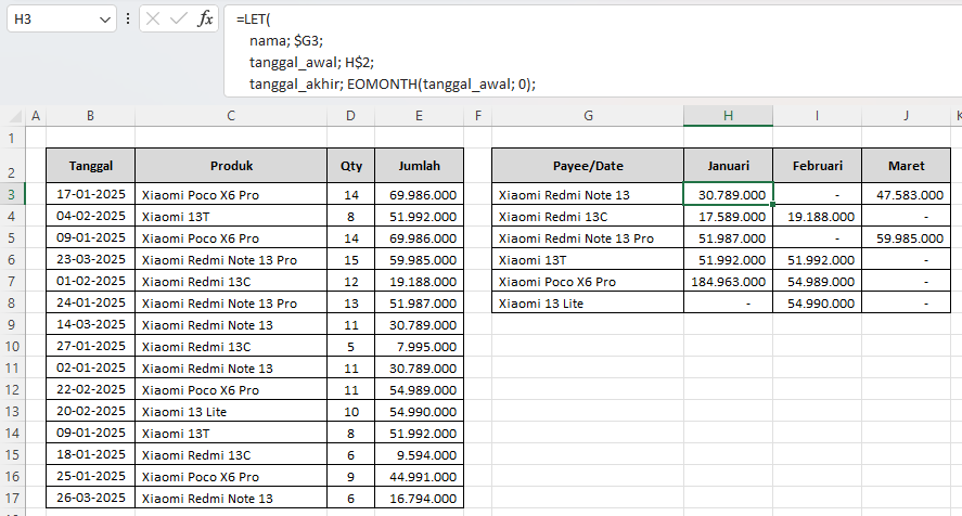 rekap penjualan bulanan otomatis di Excel dengan LET dan FILTER