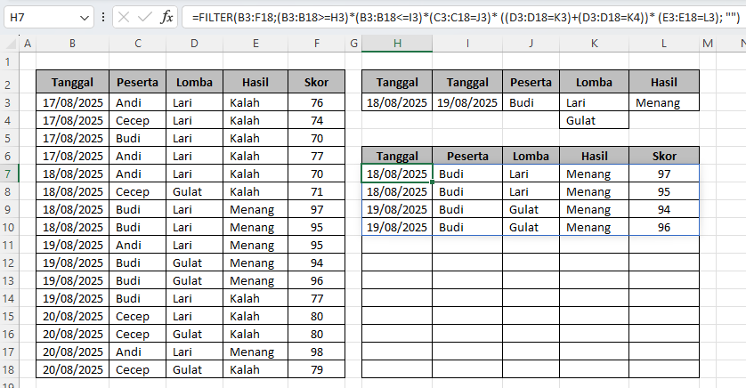 Hasil dari cara filter data banyak kriteria di Excel