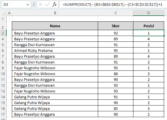 cara meranking capaian rekor di Excel menggunakan rumus sederhana
