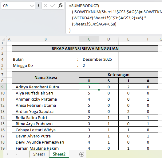 cara rekap absensi mingguan otomatis di excel