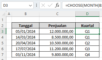 contoh 1 fungsi choose di excel