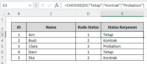 contoh 3 fungsi choose di excel