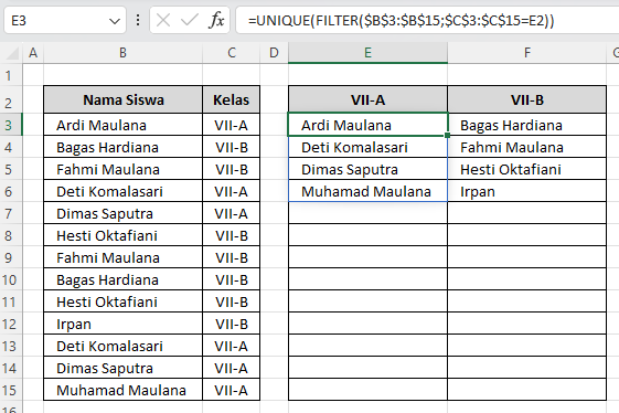 hasil dari rumus cara ambil data unik berdasarkan kriteria