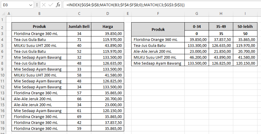 rumus harga berjenjang di Excel dengan index match