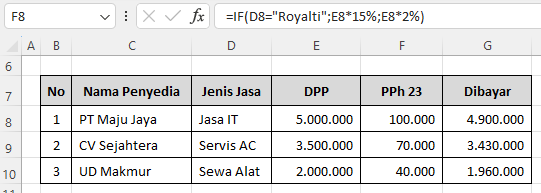 cara menghitung pph 23 di exce dengan if