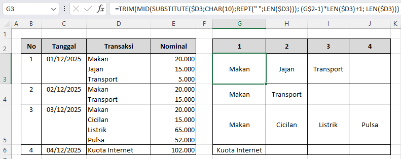 cara ekstrak data baris baru ke sel dengan SUBSTITUTE