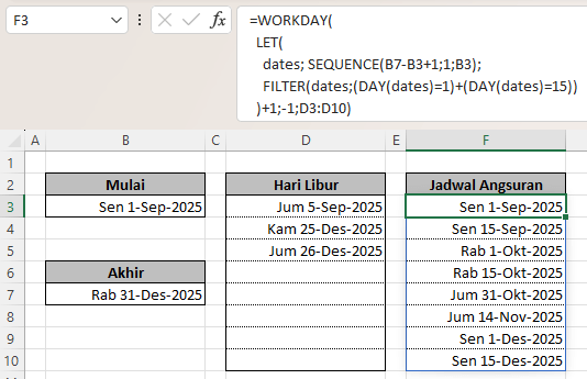cara membuat jadwal angsuran otomatis dua mingguan dengan rumus Excel