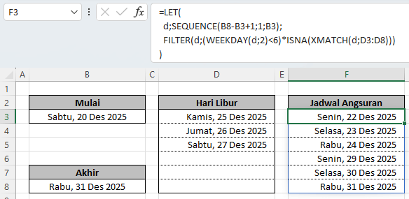 Hasil rumus hari kerja Excel untuk libur Sabtu Minggu