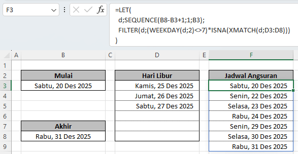 Hasil rumus hari kerja Excel untuk libur Minggu