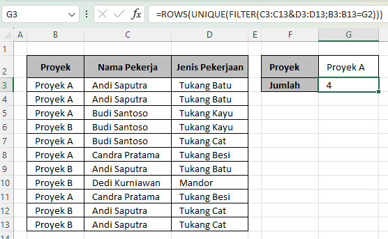 cara menghitung data unik multi kriteria menggunakan kombinasi fungsi FILTER, UNIQUE, dan ROWS di Microsoft Excel.