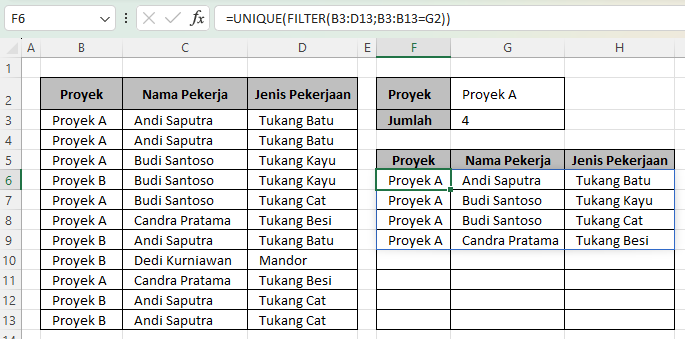 Filter data unik banyak kriteria di Excel