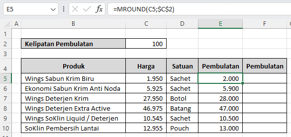 Cara Membulatkan Angka ke Kelipatan Tertentu di Excel Menggunaka MROUND