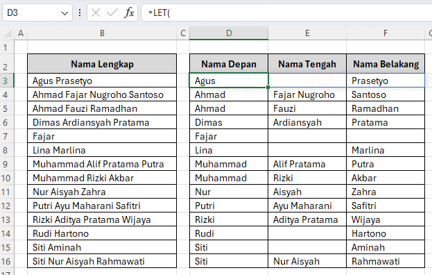 cara memisahkan nama depan tengah dan belakang di excel otomatis
