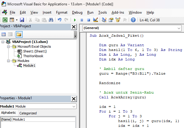 Modul VBA Excel acak jadwal piket,