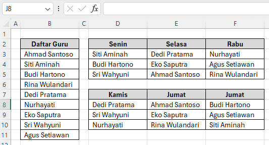 Hasil akhir penggunaan VBA Excel acak jadwal piket,