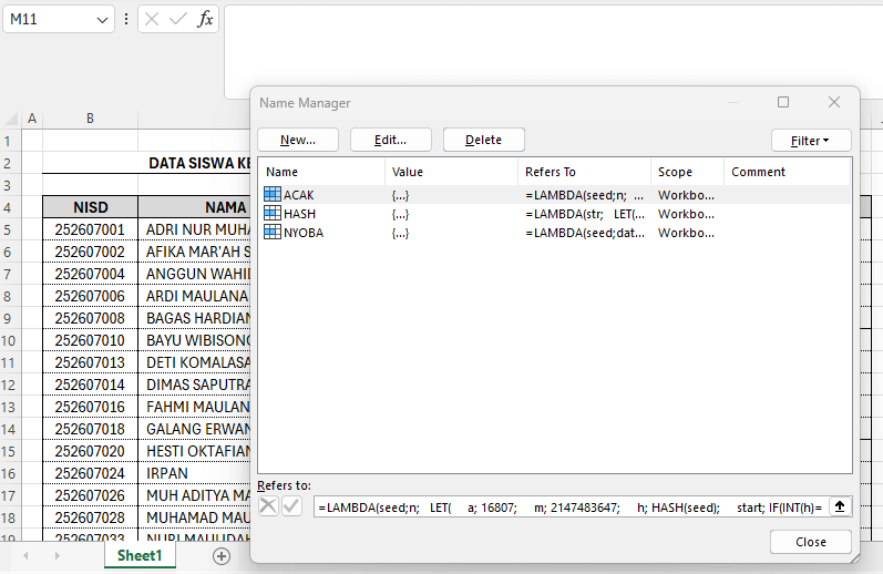 cara mengacak data di Excel agar tidak berubah dengan lambda