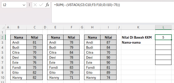 Hasil menghitung dari cara rekap data dari banyak kolom sekaligus