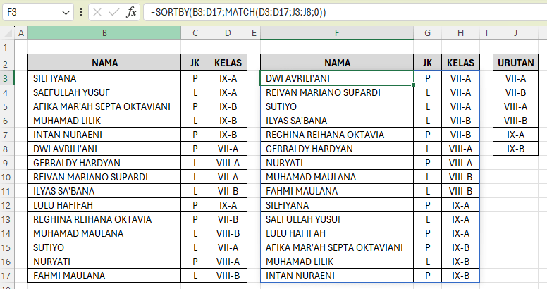 Hasil dari cara mengurutkan data secara custom di Excel