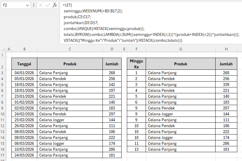 Hasil akhir cara rekap mingguan per produk otomatis