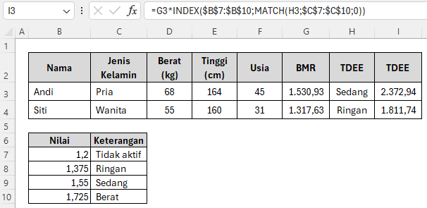 cara hitung BMR di Excel menjadi TDEE