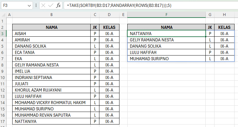 cara mengambil data acak di Excel