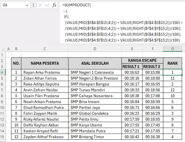 cara ranking excel dari 2 kolom dengan sumproduct