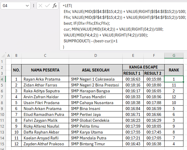 cara ranking excel dari 2 kolom dengan let