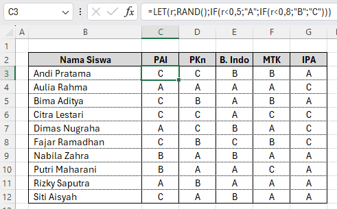 cara membuat nilai acak di Excel dengan let