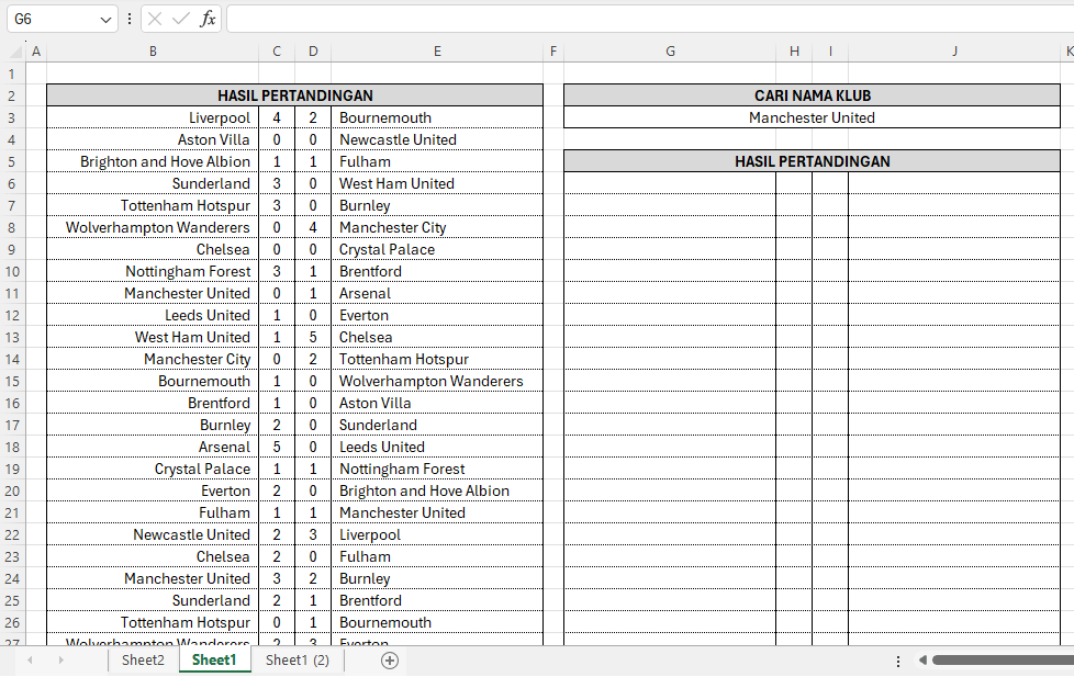 cara mencari pertandingan klub di Excel