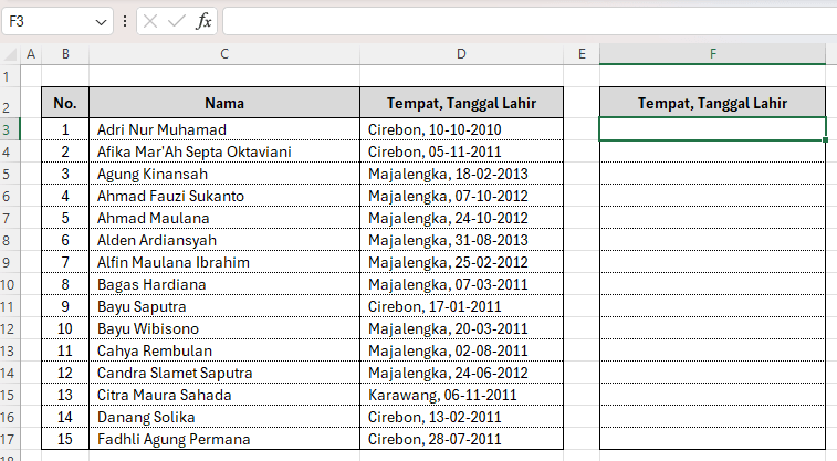 Tabel cara mengubah format tanggal di Excel