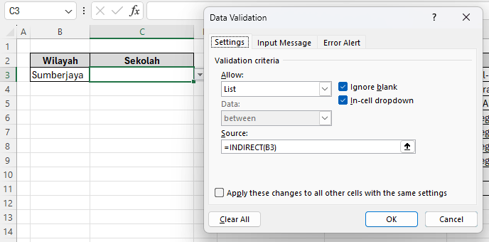 Setting cara membuat dependent dropdown list di Excel