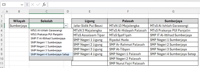 Hasil dari cara membuat dependent dropdown list di Excel