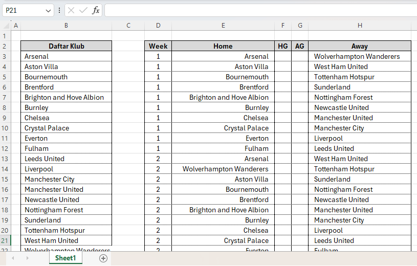 Hasil dari cara membuat jadwal liga otomatis di Excel