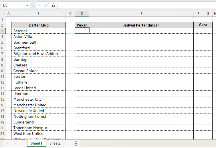 cara membuat jadwal pertandingan liga di Excel